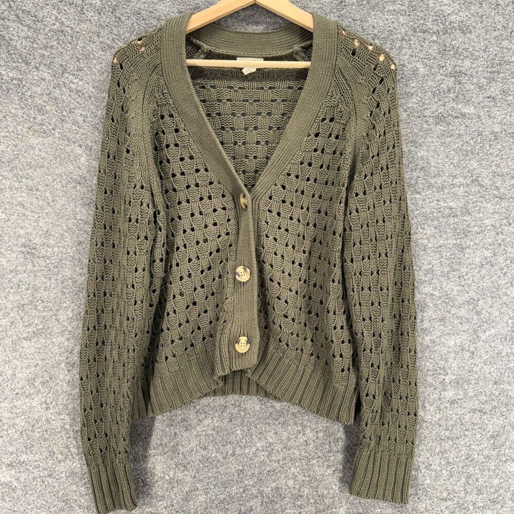 A New Approach Cardigan Women L Large Gray Button Up V-Neck Long Sleeve Cotton